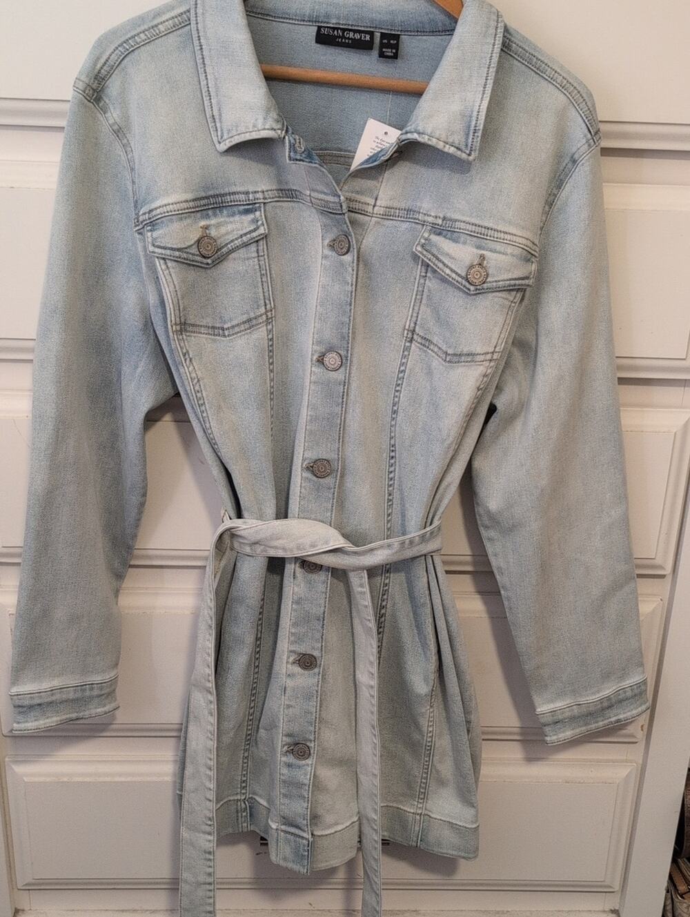 Susan Graver light-wash denim Shirt Dress Button-Up Jacket with Belt XLP NWT